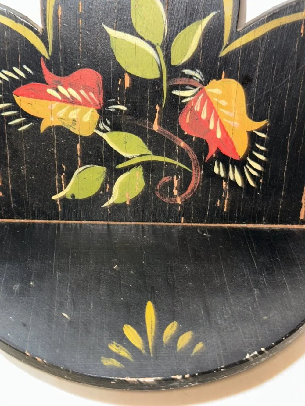 Vintage Black Wooden Wall Shelf Floral Design Finish Charming Folk Art Rustic